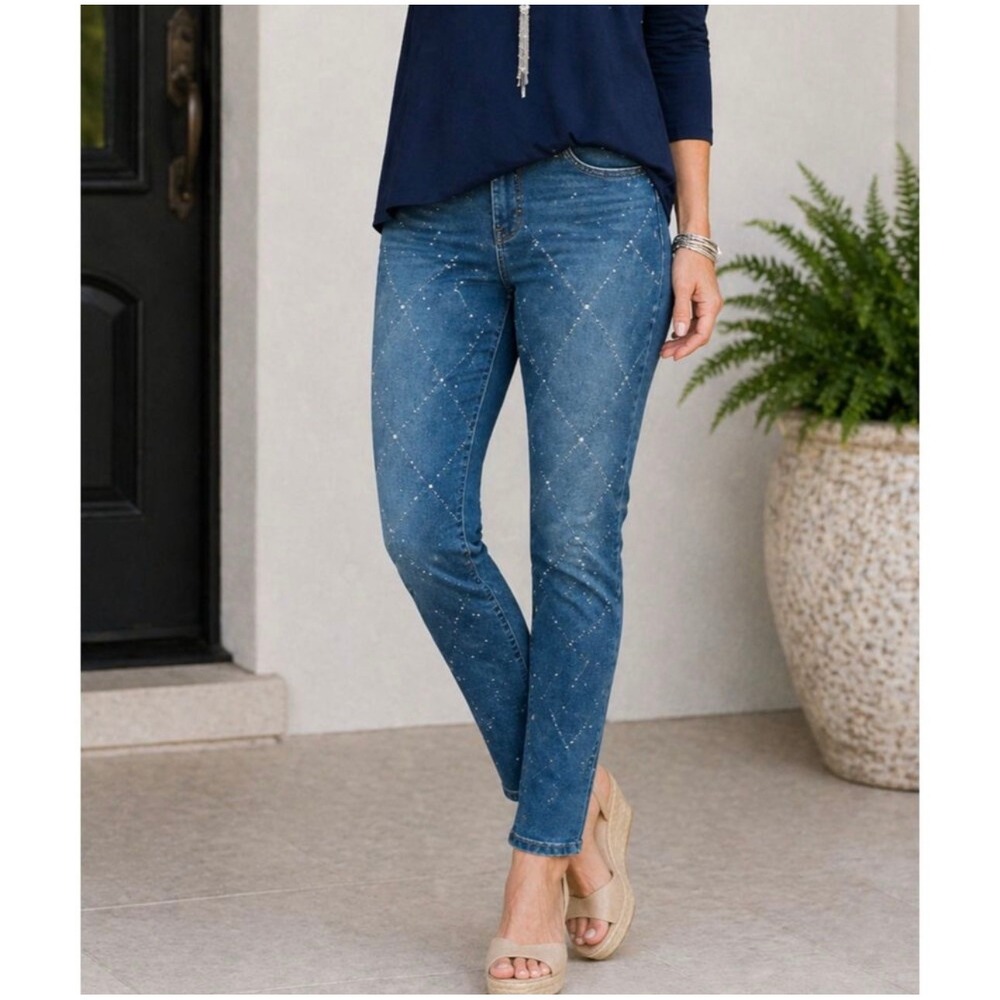 Chicos Pull On Jegging Jeans Size 8 1 Blue Rhinestone Diamond Quilted Stretch